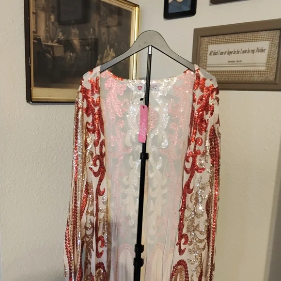 Southern Fried Chics Women's Size XXXL Red & Gold Sequin Duster Kimono - Picture 3 of 8